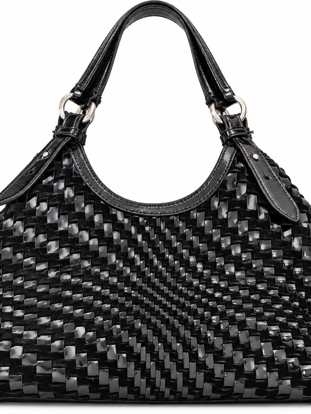 Cole Haan Black Woven Patent Leather Large Hobo Shoulder Bag + Dust Bag